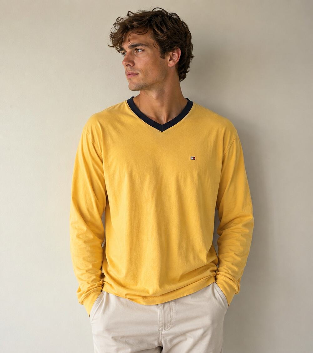 Tommy Hilfiger  90's VTG Yellow Long Sleeve V-Neck Tee